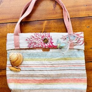 Coral Quilted Striped Tote Bag
